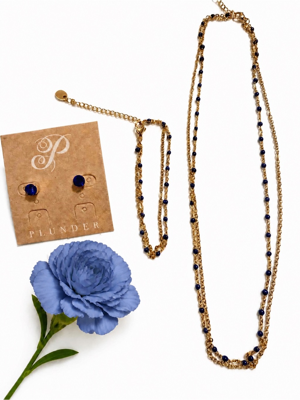 Plunder Gold-Tone Layered Necklace and Navy Bead Studs